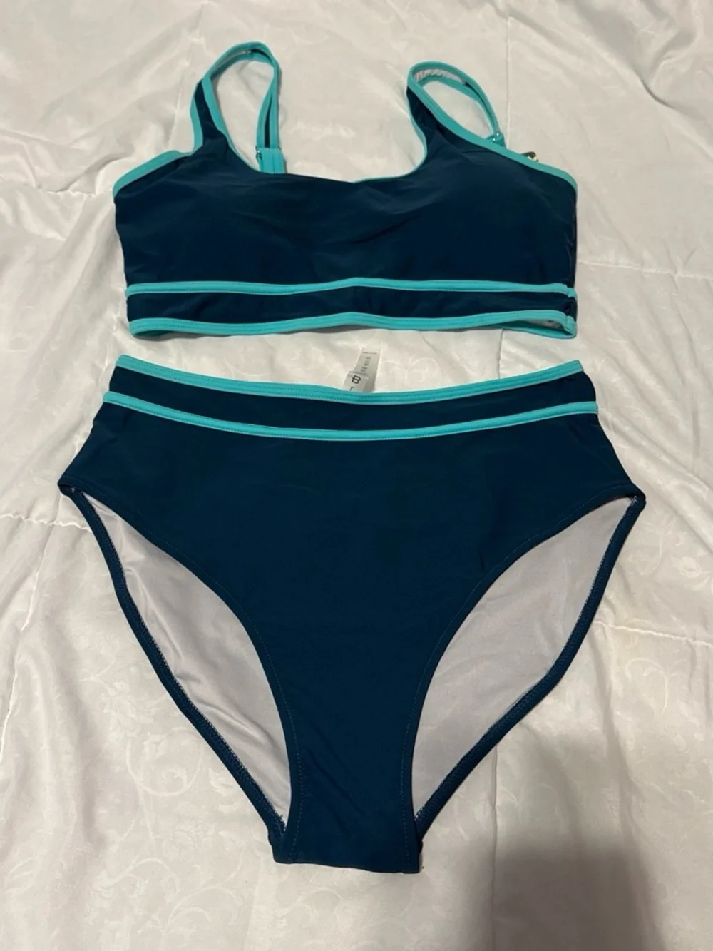 Women’s Navy Blue High-Waist Bikini with Aqua Trim